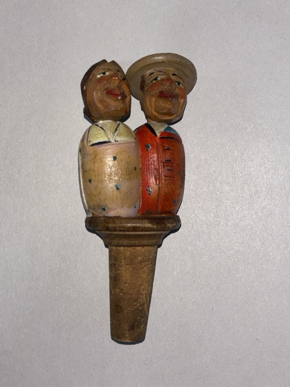 Vtg WWII Era Hand Carved Wood Mechanical Kissing Couple Bottle Stopper Italian